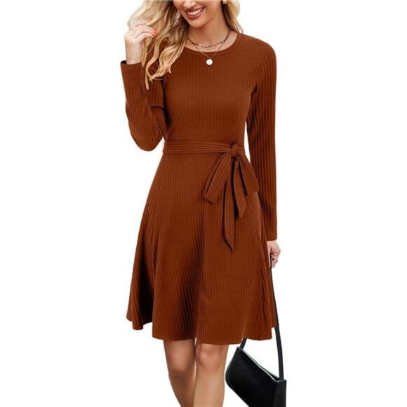 Women's 2024 Fall Sweater Dress Long Sleeve A-Line Ribbed Knit Belt Skater Dress - Picture 1 of 7